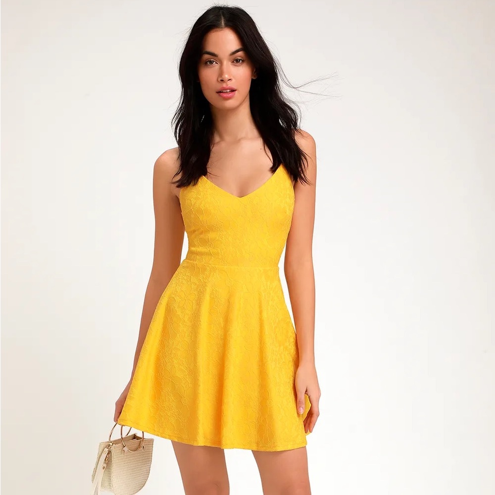 Way With Words Yellow Lace Skater Dress